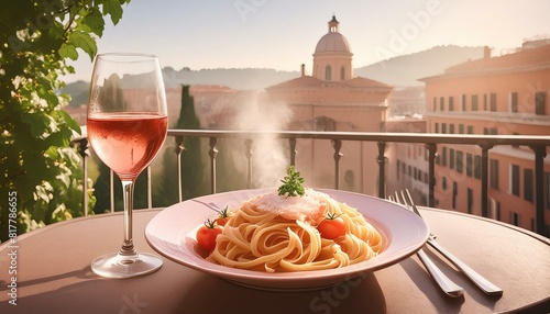 Plat de pasta fumante, parmesan, tomate, vin rosé, sur une terrasse à Rome photo