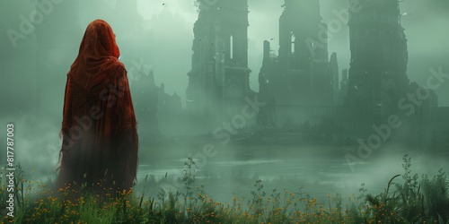 A woman wearing a red cloak stands in front of a foggy cityscape fate photo