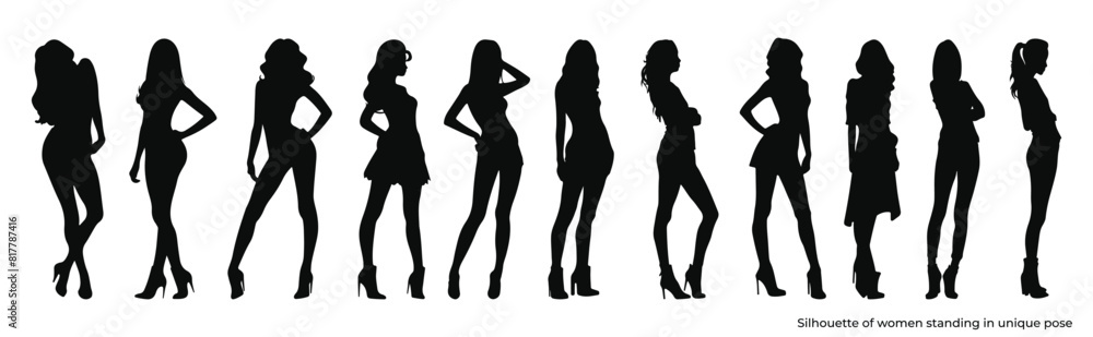 silhouette illustration of confident women in diverse standing poses, minimalist female figures designs for empowerment
