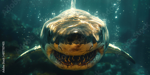 A Great White Shark showing its teeth underwater in a powerful pose photo