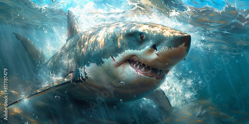 A Great White shark swimming in the ocean with its mouth open photo