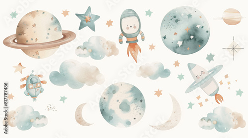 Cute whimsical clip art collection on white background with margins  watercolor  space exploration  cute clouds  desaturated  light teal and beige