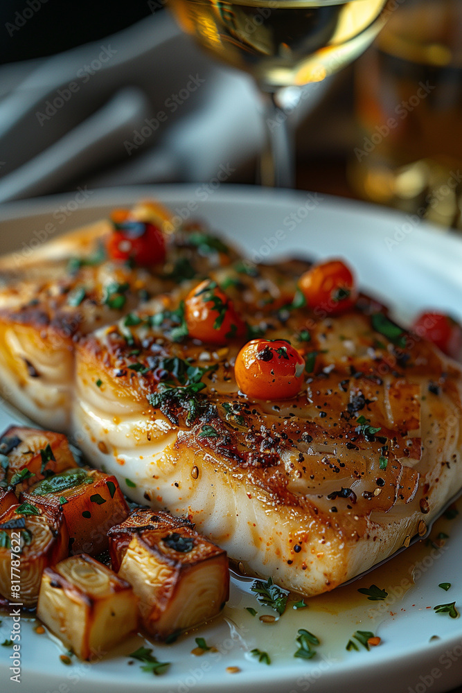 A plate with a piece of grilled carp filet and a glass of wine A plate with a piece of grilled carp filet and a glass of wine