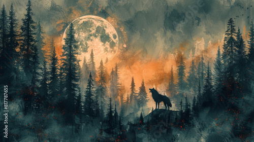 Minimalist drawing in watercolour of an grey/silver full moon in the sky, a howling pack of wild wolves above a the wild forest of the far north, night, winter, rocks, sisyphean grunge, gothic photo