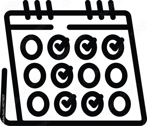 Black and white illustration of a stylized calendar icon with ring bindings and marked dates