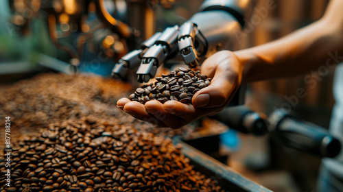 A human hand and a robotic hand holding coffee beans