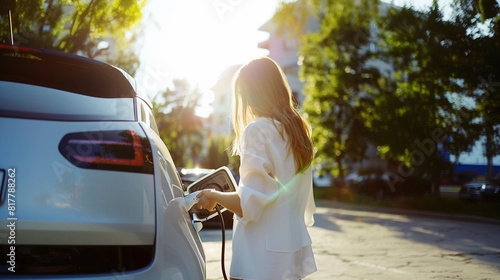 Woman connecting electric car charger on a sunny day