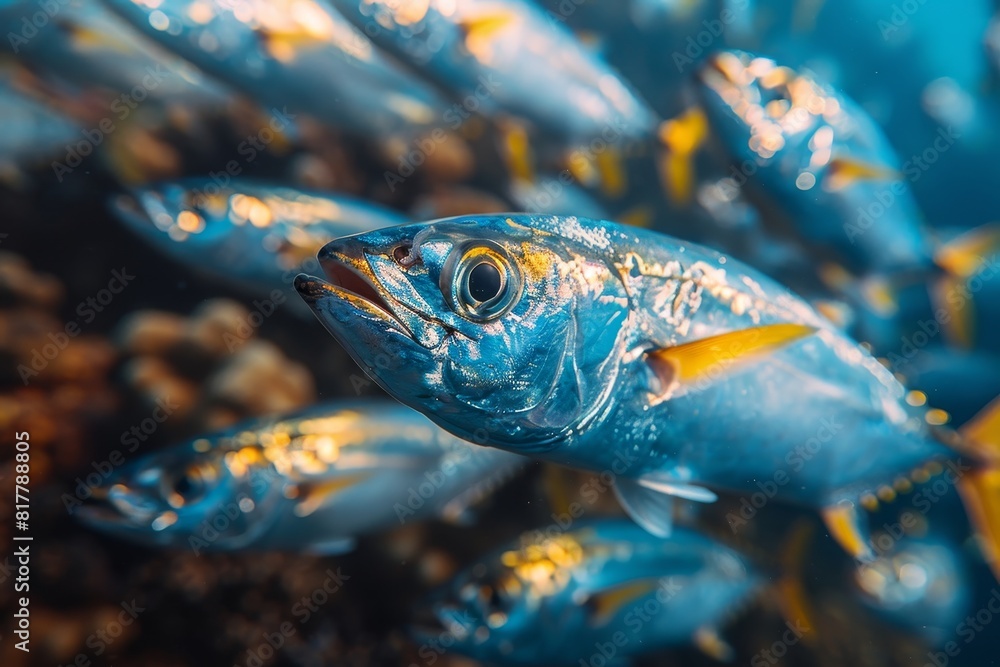 Fototapeta premium School of Mackerel swimming in open waters, representing marine biodiversity.