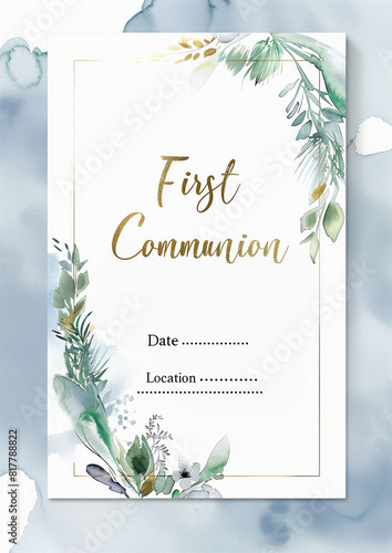 Invitación para la primera comunión, sencilla, tonos verdes, azul grisáceo, dorado, blanco, texto, día y lugar, orientación vertical, elegante, de estilo sobrio. First Communion