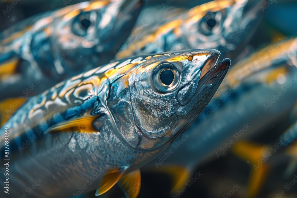 Obraz premium School of Mackerel swimming in open waters, representing marine biodiversity.