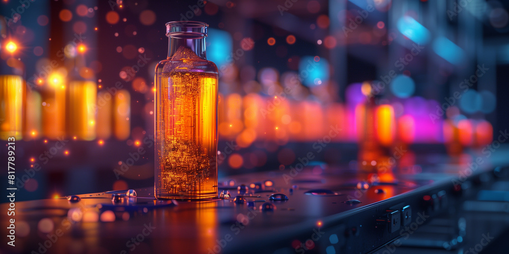 Bottles moving along a conveyor belt in a manufacturing facility Macro Bottles moving along a conveyor belt in a manufacturing facility Macro
