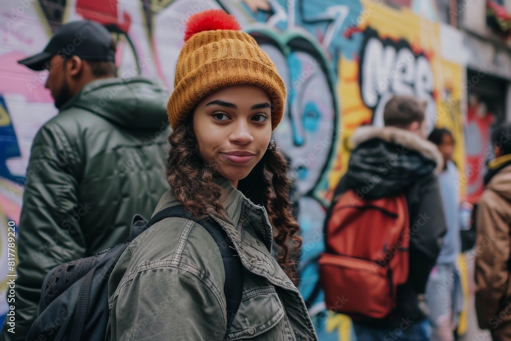 young african american woman with dreadlocks in hat and jacket on street young african american woman with dreadlocks in hat and jacket on street