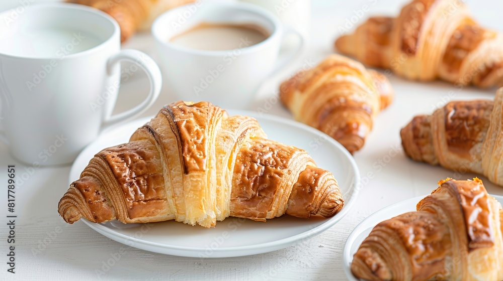 Croissant in Bright White Environment, with Cup of Coffee and Additional Croissants, Generative AI Croissant in Bright White Environment, with Cup of Coffee and Additional Croissants, Generative AI