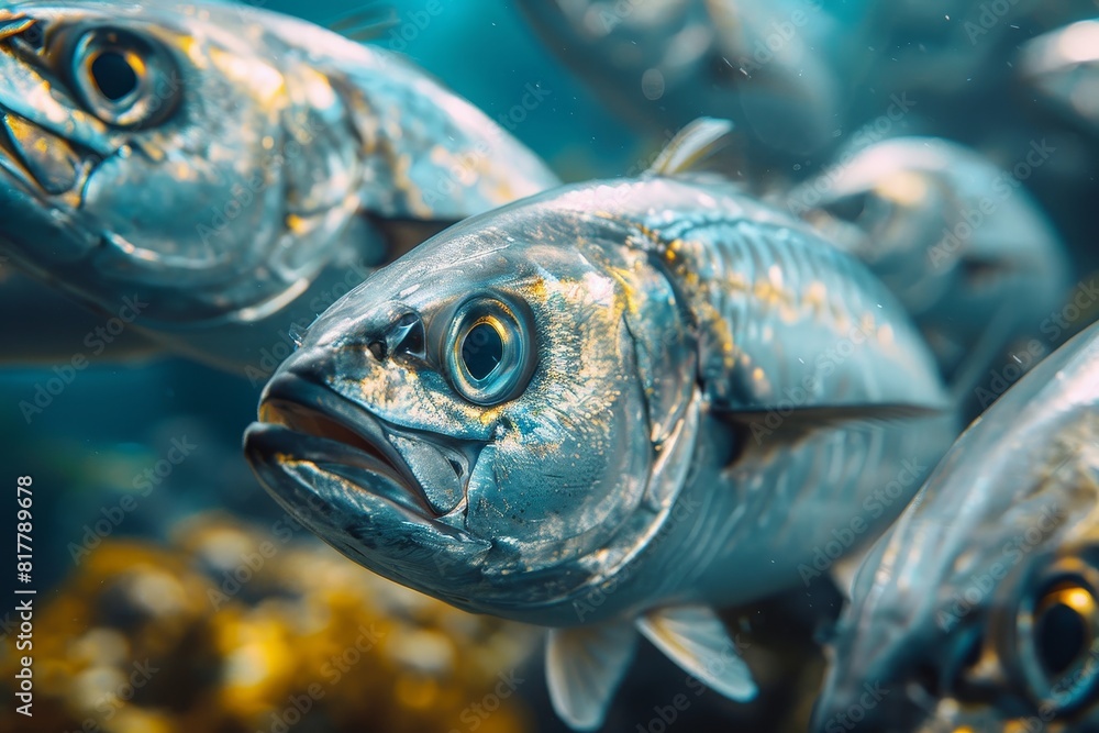School of Mackerel swimming in open waters, representing marine biodiversity. School of Mackerel swimming in open waters, representing marine biodiversity.