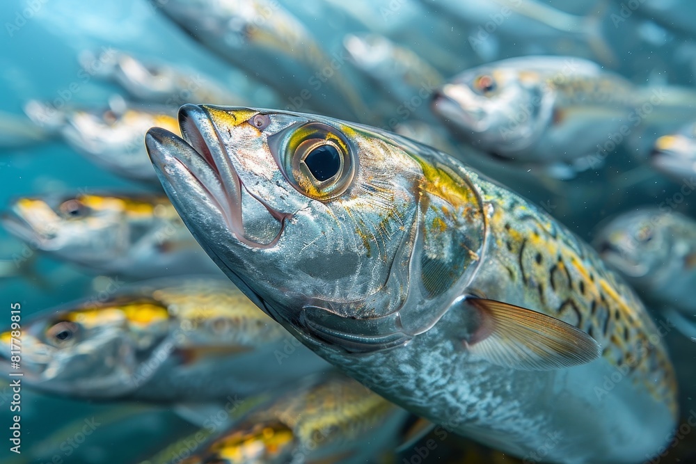 School of Mackerel swimming in open waters, representing marine biodiversity. 
