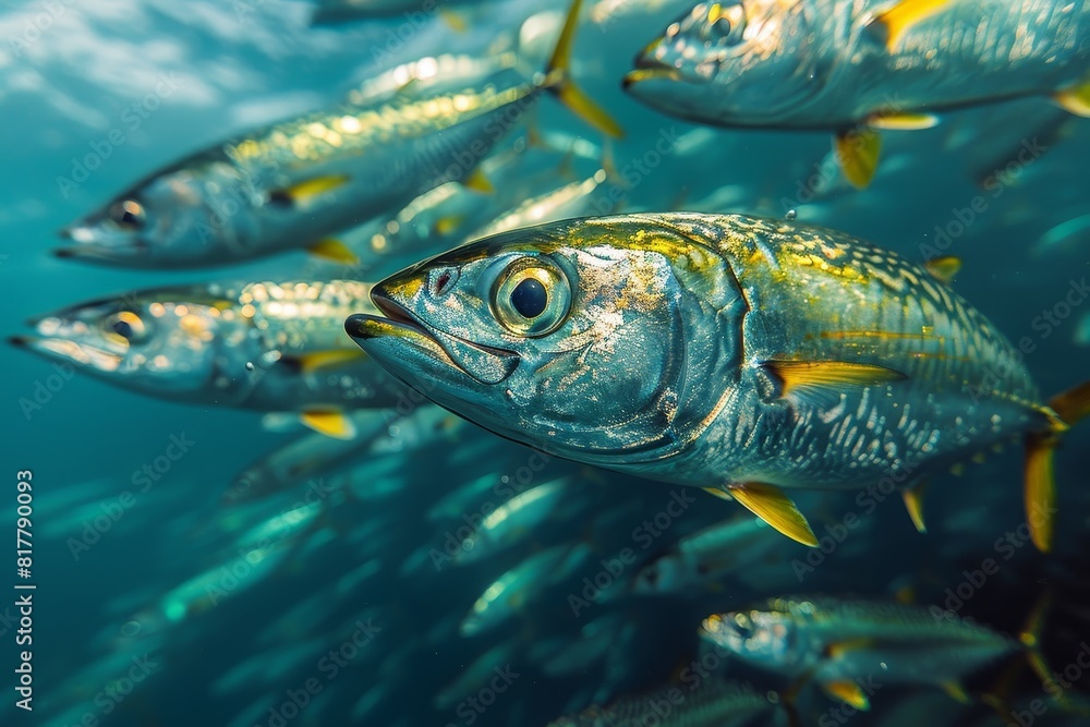 School of Mackerel swimming in open waters, representing marine biodiversity. School of Mackerel swimming in open waters, representing marine biodiversity.