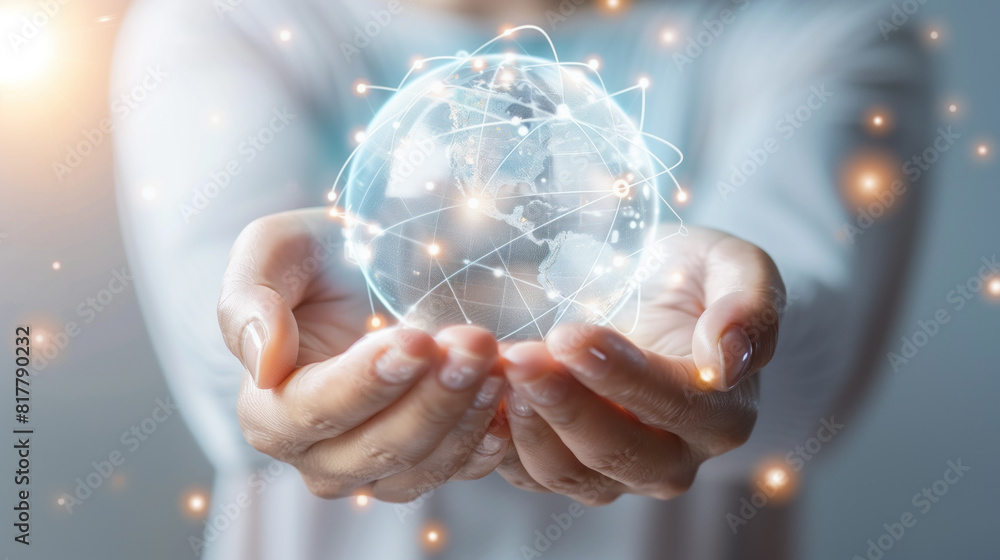 Hands Holding a Glowing Digital Globe with Network Connections. Hands Holding a Glowing Digital Globe with Network Connections.