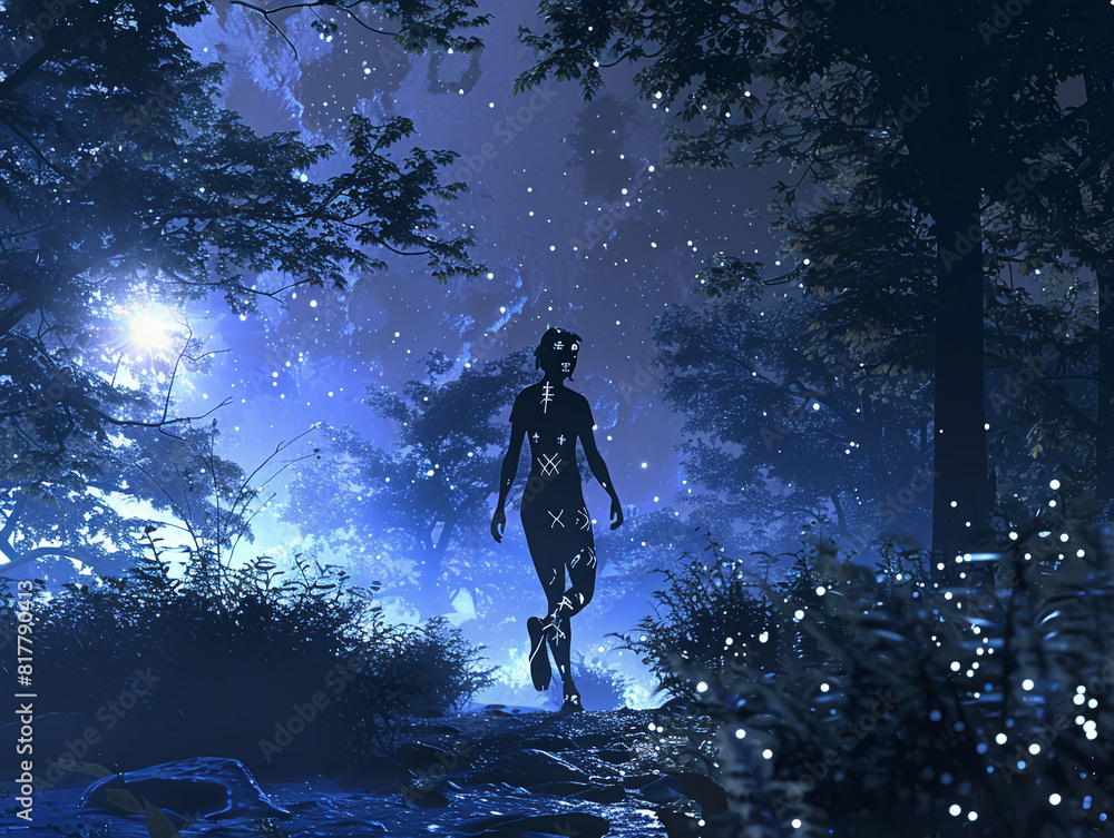 Celestial Wanderer, adorned with cosmic symbols, wandering through a dimension where spirits dance, in a moonlit forest, with silhouette lighting, realistic image