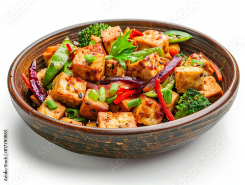 A bowl of food with a variety of vegetables and tofu