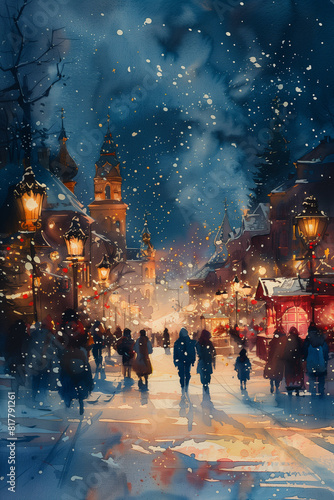 A painting depicting individuals strolling along a snowy street in a city square