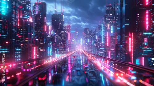 Futuristic city with a smart grid and renewable energy sources  cyberpunk style  neon lights  high detail