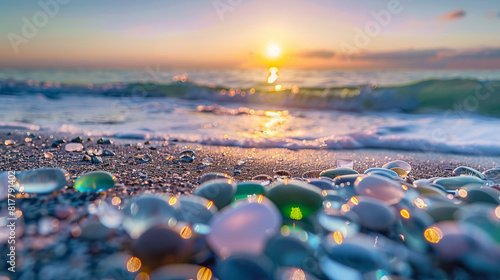 Colored sea glass with beach pebbles, beach glass. .Ai generated photo
