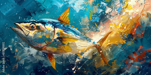 A vibrant Yellowfin tuna fish exploring the depths of the ocean in a detailed painting photo