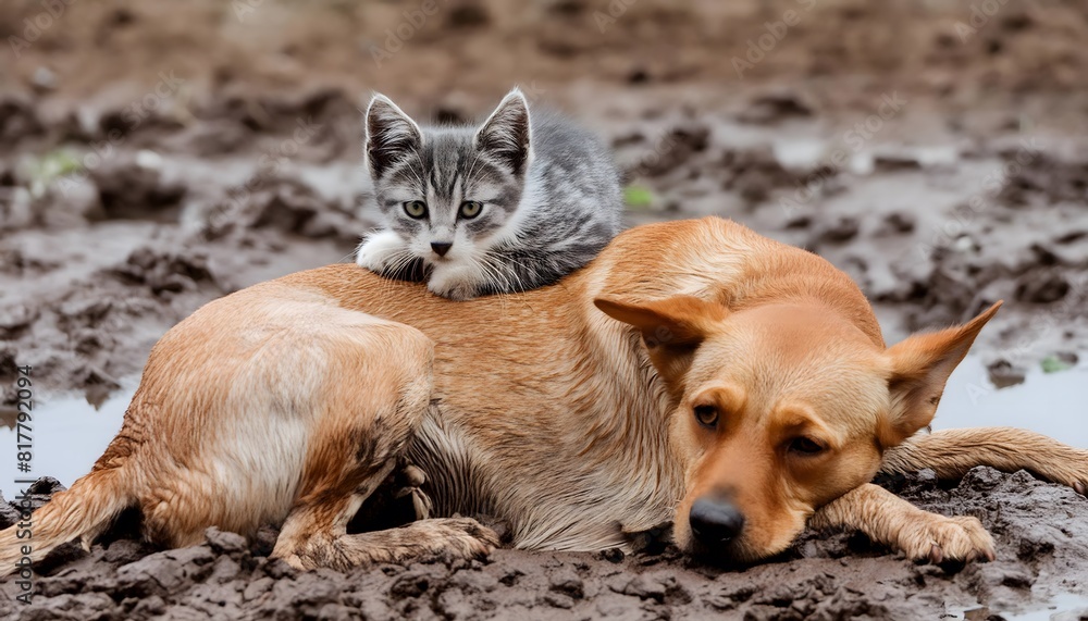 A cat cuddling on top of a dog in the mud