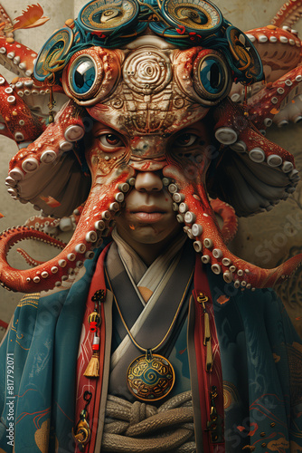 Octopus in traditional kimono with additional tentacles, showcasing unique attire