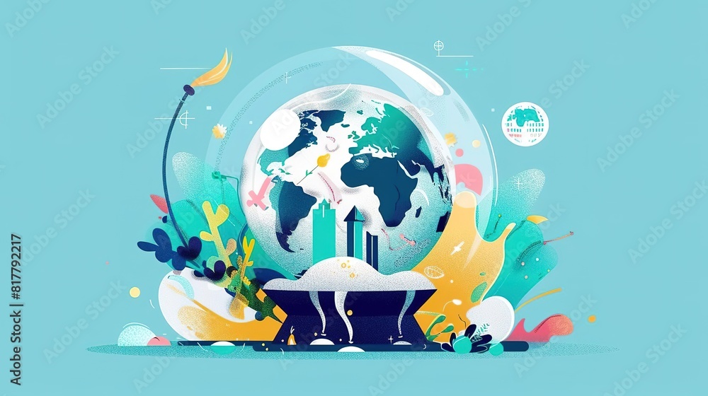 A digital illustration of a snow globe with the Earth inside. The Earth is surrounded by colorful plants and animals. The snow globe is made of glass and has a white base.