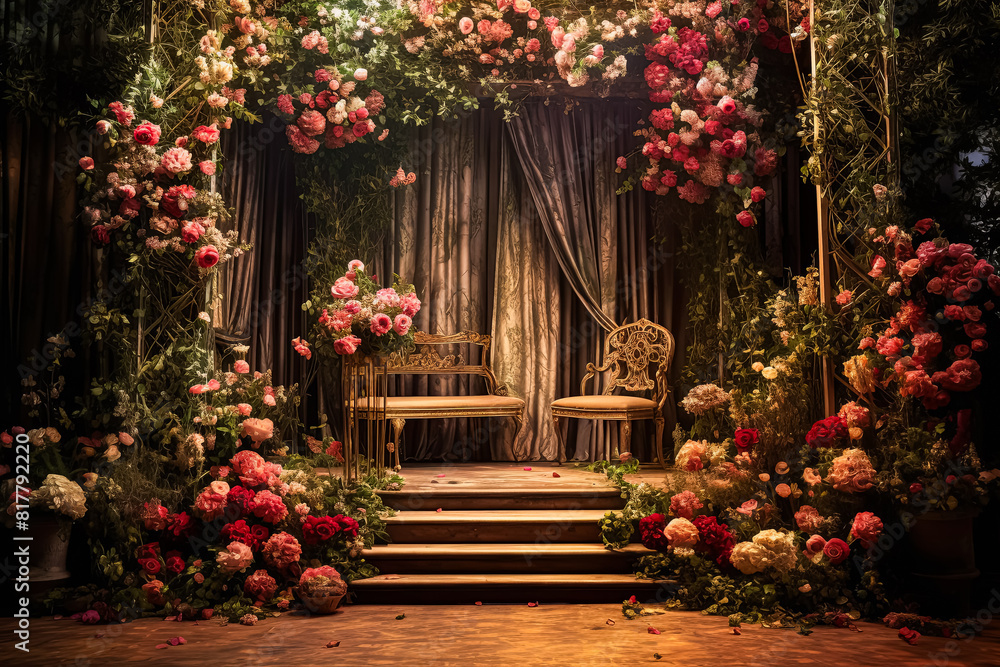 A large archway with flowers and vines leading to a stage.