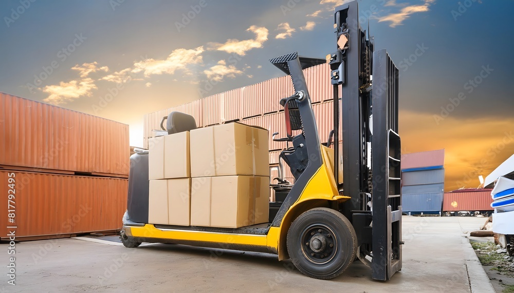 Forklift truck in warehouse or storage loading cardboard boxes. Forklift truck in warehouse or storage loading cardboard boxes.