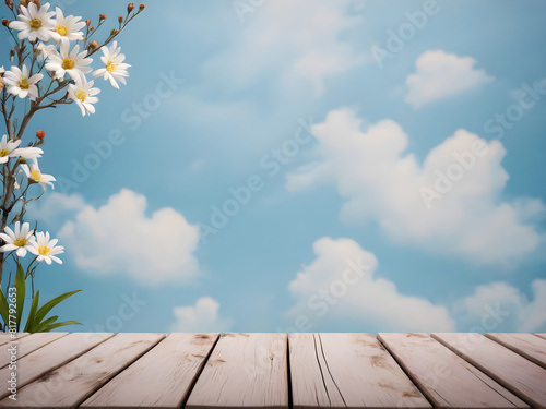 Wooden background and flowers on blue sky