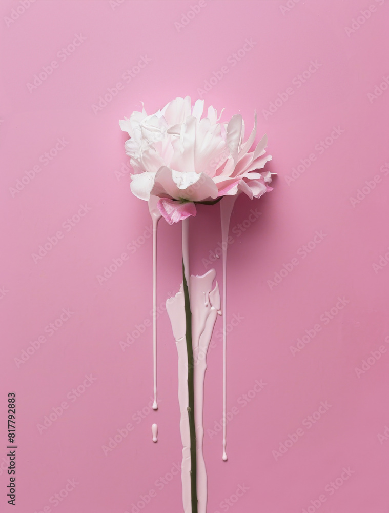 A single flower with dripping paint on a pastel pink background, rendered in a minimalistic, elegant style reminiscent A single flower with dripping paint on a pastel pink background, rendered in a minimalistic, elegant style reminiscent