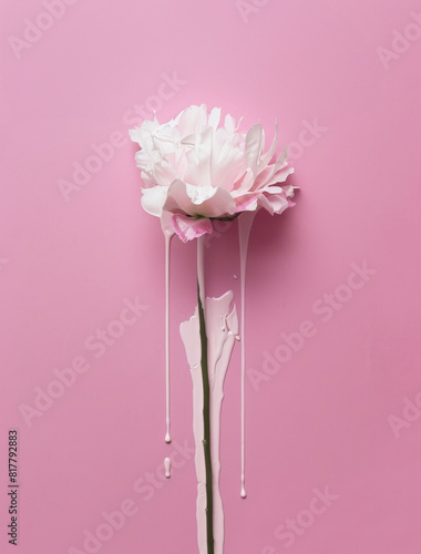 A single flower with dripping paint on a pastel pink background, rendered in a minimalistic, elegant style reminiscent