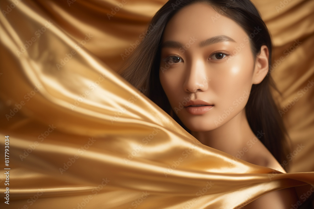 Elegant Portrait of a Woman Draped in Golden Silk