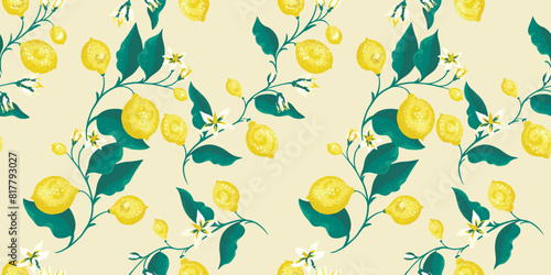 Tropical blooming yellow lemons, on branch with green leaves intertwined in a seamless pattern. Vector hand drawing illustration. Abstract artistic citrus repeated printing on a light background.
