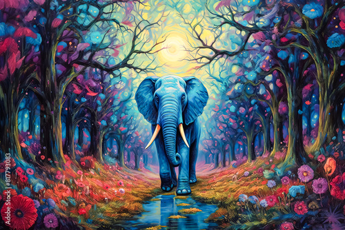 A colorful elephant is standing in a forest. photo
