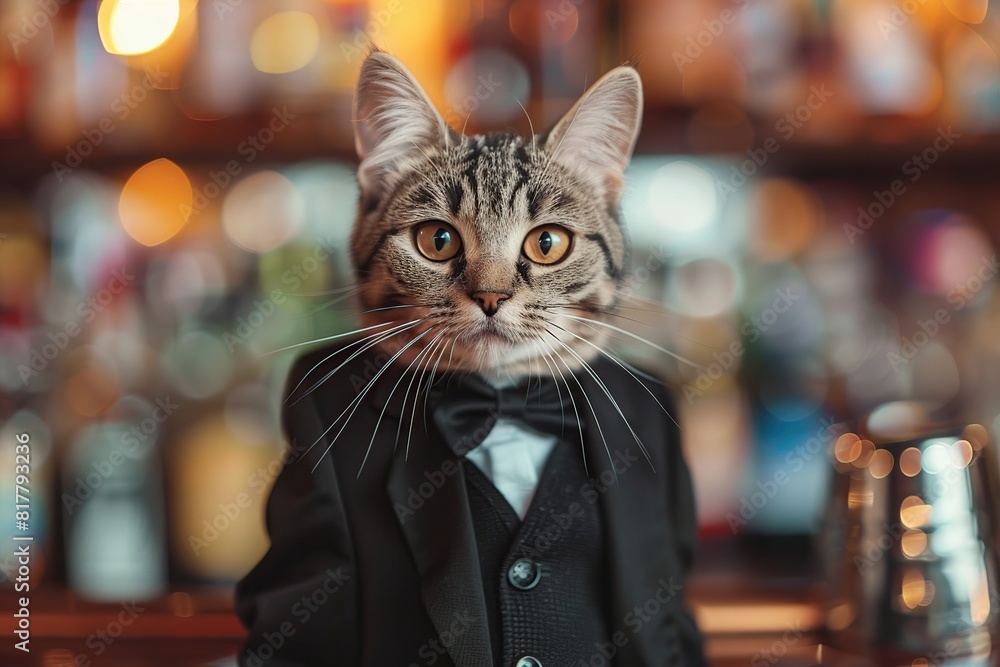 Cute cat in costume on blurred bar background Cute cat in costume on blurred bar background