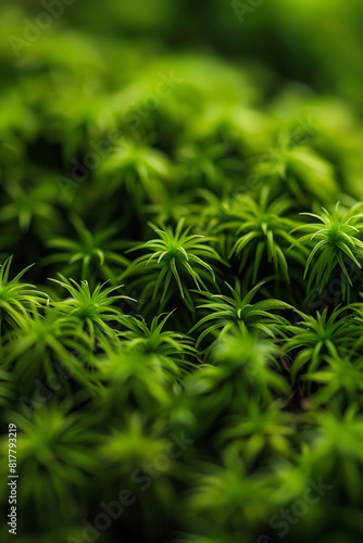 A detailed close-up of tree moss  showcasing its soft  velvety texture and vibrant green color. 