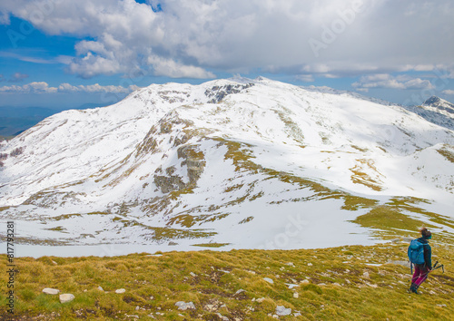 Monte La Meta (Italy) - In the Monti della Meta Mainarde mountain range, Mount Meta is one of hightest peak in Parco Nazionale d'Abruzzo lazio e Molise. Here during the spring with snow and alpinist. photo