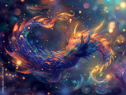 Mythical Creature, Shimmering Scales, Guardians of the Dream Realm, Glowing Portal to Another Dimension, Starlit Night, Digital Painting, Backlights, Depth of Field Bokeh Effect photo