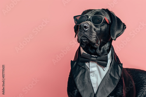 Cute dog in modern tuxedo and sunglasses on pink background