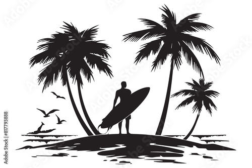 Vector silhouette of surfers on palm beach on white background. Symbol of nature and sport