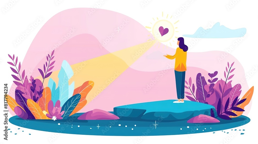 A woman stands on a rock in the middle of a lake, with her arms outstretched towards a shining heart in the sky A woman stands on a rock in the middle of a lake, with her arms outstretched towards a shining heart in the sky