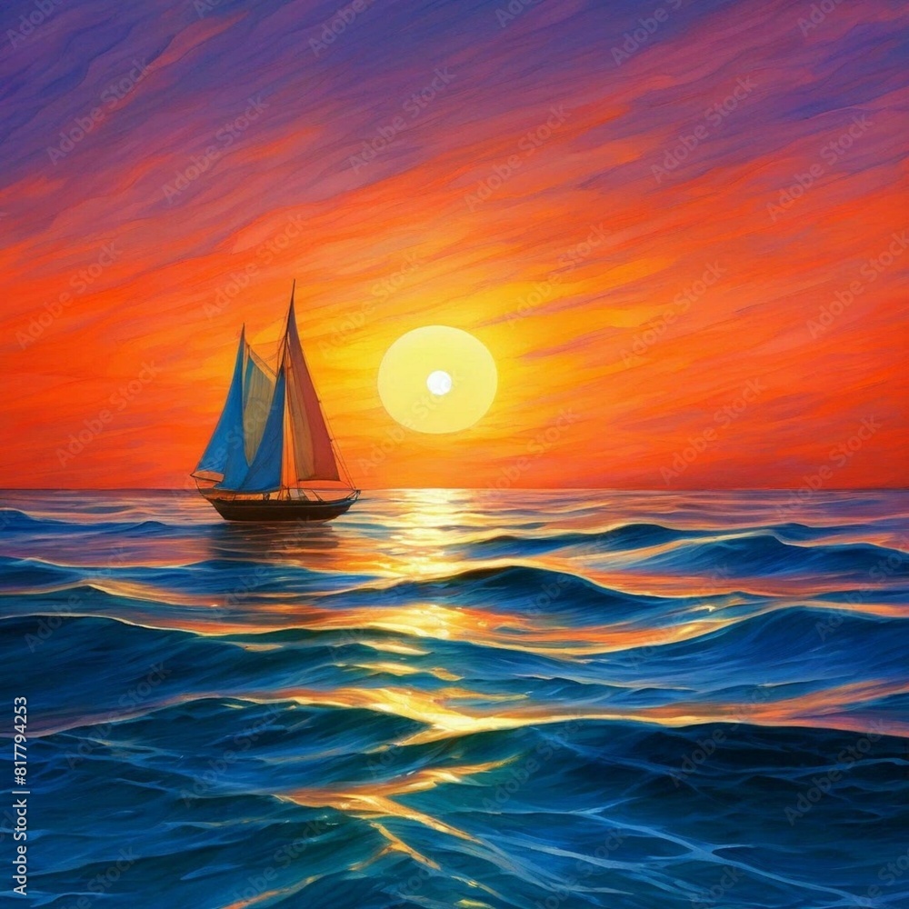 Fototapeta premium sailboat on the sea surface against the backdrop of sunset