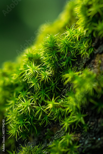 A detailed close-up of tree moss  showcasing its soft  velvety texture and vibrant green color. 
