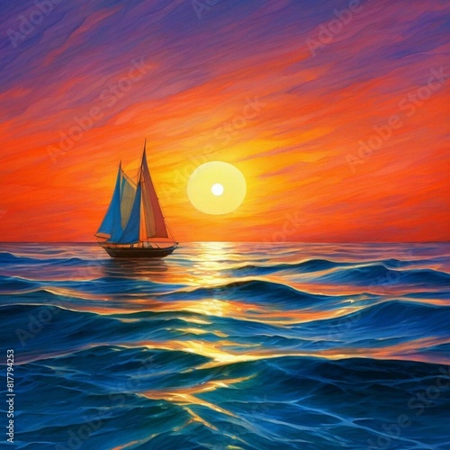 sailboat on the sea surface against the backdrop of sunset