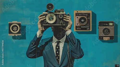 Fasion collage style artwork of man in suit with retro photocamera head, blue background