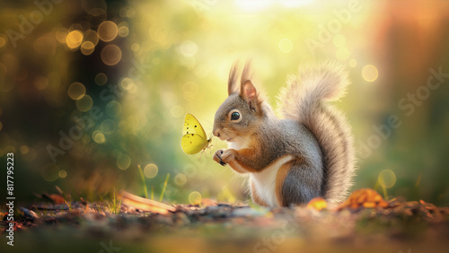 Squirrel is looking at butterfly. Magic bokeh background.